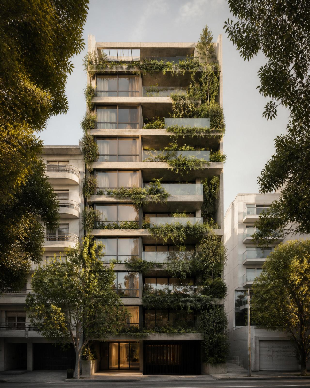 Fachada del edificio Aizpurúa 2624 en Villa Urquiza, con terrazas escalonadas y vegetación